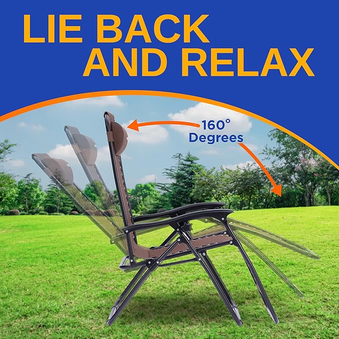 SereneLife Zero Gravity Outdoor Lounge Chairs 2 Pack – Folding Recliners with Side Table, Cup Holder & Padded Headrest – Adjustable Patio Chairs for Lawn, Garden, Deck, Camping (Brown)