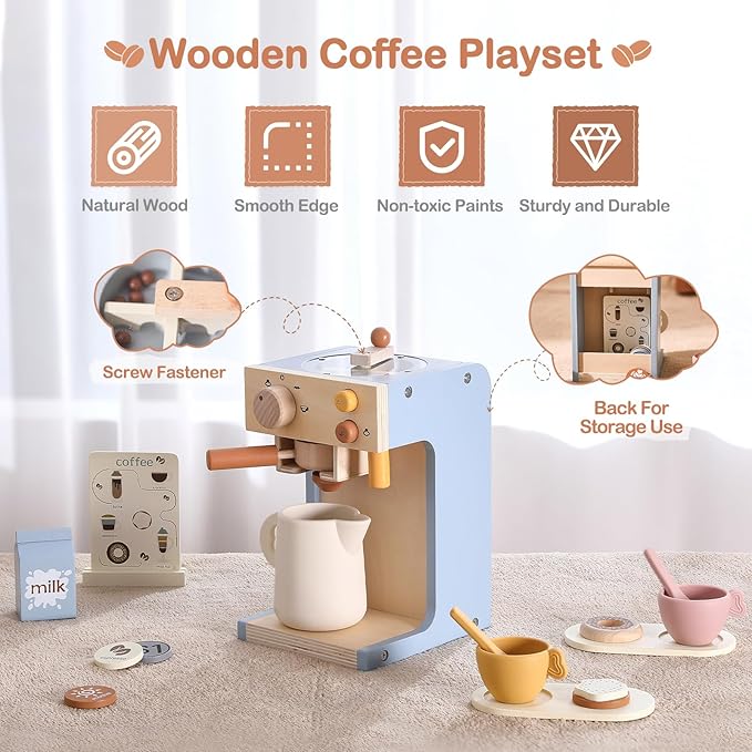 EERKEOD Toy Coffee Maker for Kids Wooden Kids Coffee Maker Playset for Toddlers Play Kitchen Accessories Gift for Girls and Boys