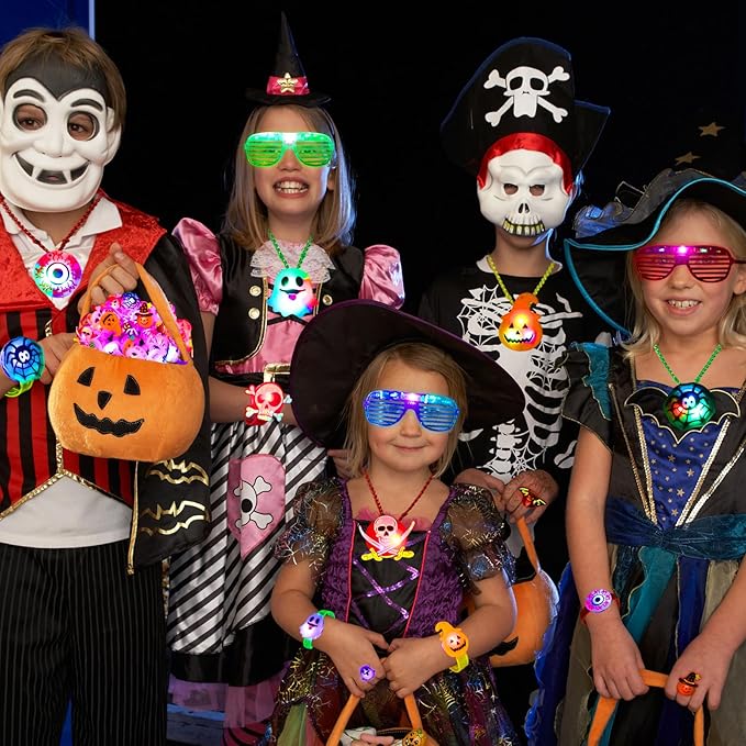 Halloween Light Up Toys Party Favors - 60PCS LED Trick or Treat Party Suppliers for Kids Gift Exchange Classroom Halloween Goodie Bag Fillers Glasses Bracelets Necklace Rings and Tattoos