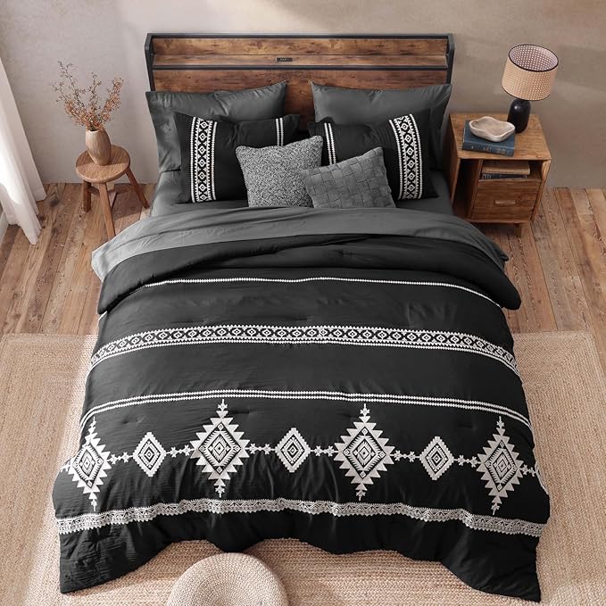 MaiRêve Embroidery Comforter Set, Boho Farmhouse Western Bedding Set, All Season Bed in A Bag Comforter Set with Sheets, Pillowcases & Shams, Black Full 7 Pieces