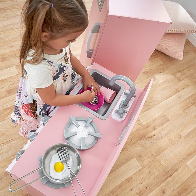 KidKraft Retro Wooden Play Kitchen and Refrigerator 2-Piece Set with Faucet, Sink, Burners and Working Knobs, Pink, Gift for Ages 3+