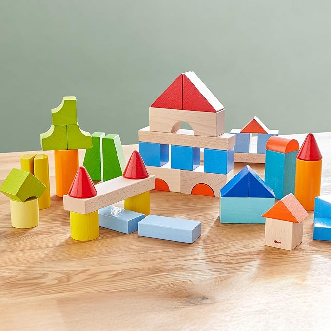 HABA Colored Wooden Building Blocks - 46 Piece Set of Wooden Toys, Stacking Toys for Toddlers 1-3 Ideal Open Ended Toys, Made in Germany