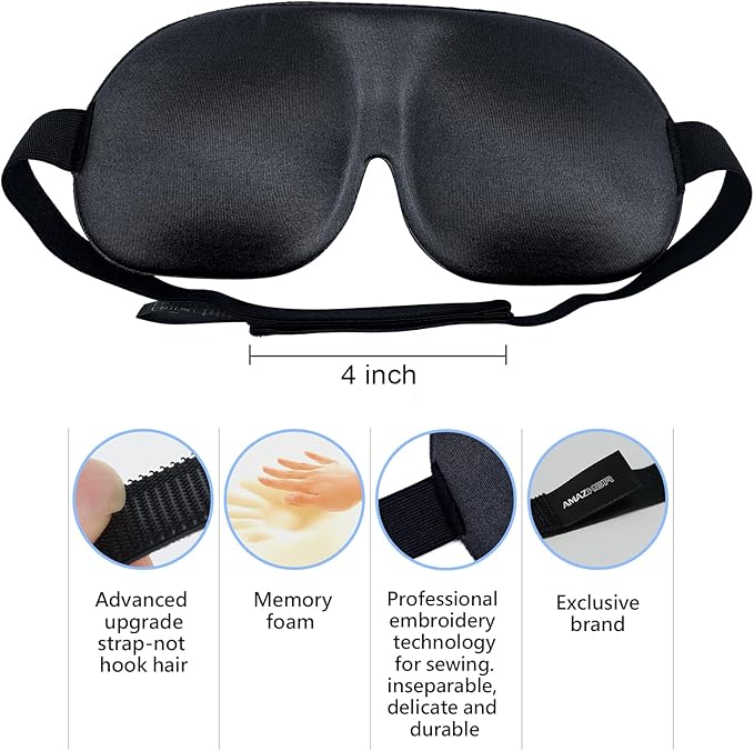 AMAZKER Sleep Mask Invisible Alar Deep Orbit 3D Eye Mask Ultra Lightweight & Comfortable Sleeping Mask for Travel, Nap, Shift Works XL Black