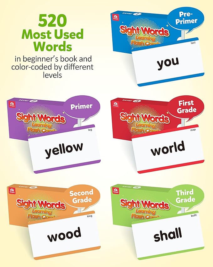 Coogam 520 Sight Words Learning Vocabulary Flash Cards, Dolch Fry High Frequency Sight Word Educational Montessori Toy for Pre-k Kindergarten 1st 2nd 3rd Grade Homeschool