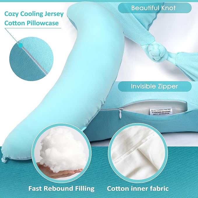 BYRIVER 39" Mint Green Blue C Shaped Body Pillow for Side Sleeping Adults Men Women, Anxiety Relief Hug Pillow, Small Pregnancy Pillow Legs Knees Support, Gifts for New Moms (L)