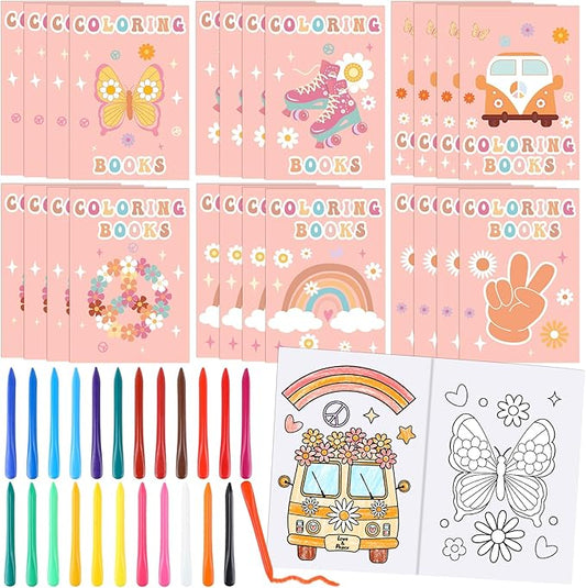 48Pcs Bulk Groovy Coloring Books with Crayons Boho Rainbow Coloring Books for Kids Hippie Bus Retro Flowers Pattern DIY Hand Drawing for Boys Girls Groovy Birthday Party Favors