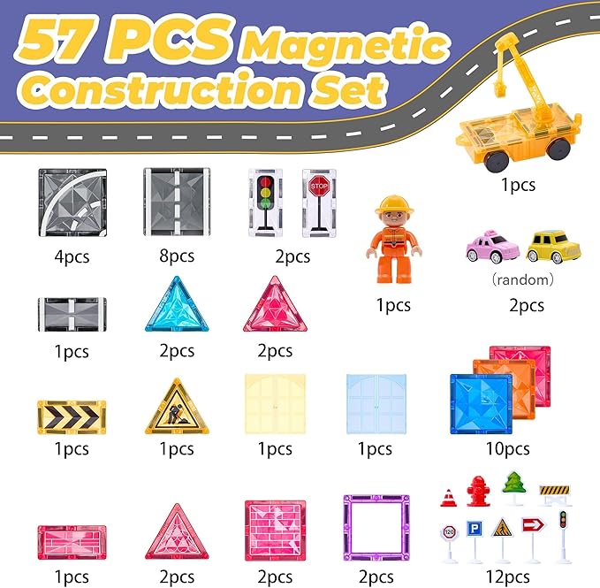 Magnetic Tiles Road Set with Car Crane and Toy Figurine, Construction Tiles Building Blocks Set for Kids Birthday Gifts, Educational STEM Sensory Toys for 3 4 5 6 7 8+ Year Old Toddlers Boys Girls