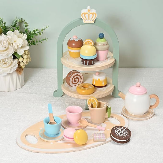 23pcs Wooden Tea Set for Little Girls, Toddler Tea Set Wooden Toys Play Kitchen Accessories with Cupcake Stand and Tray, Kids Tea Party Set Pretend Play Food Birthday Gift Playset