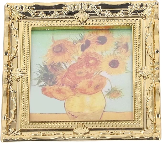 CHICIRIS Miniatures Art Painting, Gold Frame Miniatures Oil Painting Beautiful for Kids for Dollhouse Decoration (Sunflower Shape)