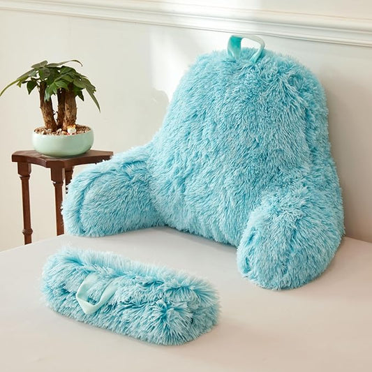 XeGe Faux Fur Reading Pillow Cover (No Filler), Fluffy Back Rest Pillow Case for Bed Sitting Up, Adults Kids Gaming Shaggy Sit Up Back Support Pillow Cover with Arms for Couch Chair Car, Aqua Ombre