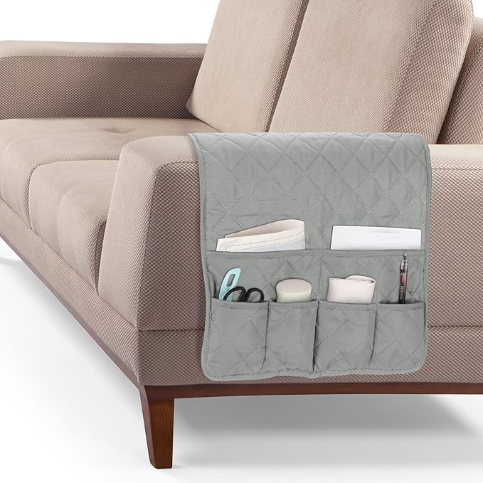 uxcell Couch Sofa Armrest Organizer Non-Slip Chair Arm Recliner Remote Control Organizer with 6 Pockets for Books, Magazines, Tablet, Phone, Plaid Gray