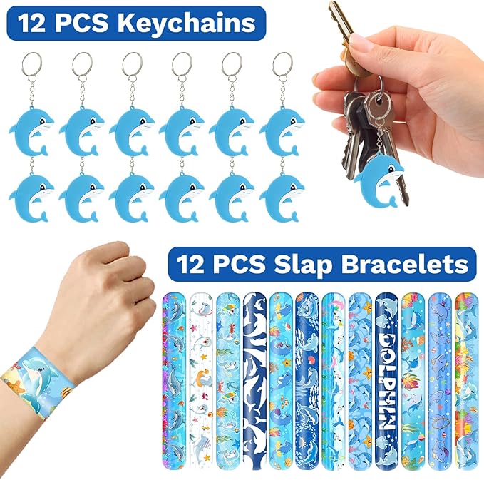 98 PCS Dolphin Party Favors, Dolphin Temporary Tattoos Slap Bracelets Keychains Stickers Badges for Dolphin Birthday Party Decorations Supplies Gifts for Kids Teens Boys Girls Classroom Rewards