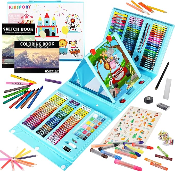 KINSPORY Art Kit, 290 Pack Art Sets Crafts Drawing Coloring kit, Double-Side Trifold Easel, Oil Pastels, Crayons, Colored Pencils, Creative Gift for Beginners Artists Girls Boys Kids (Blue)