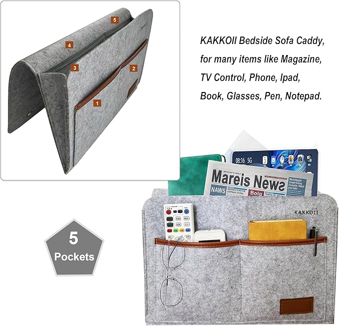 Bedside Caddy, Sofa Caddy, Storage Organizer Pocket for Dorm, Bedroom, 5 Pockets Felt Organizer for Magazine, Remote, Phone, Tablet, Pad, Glasses, Pen, Remote Control (Light Grey-Short)