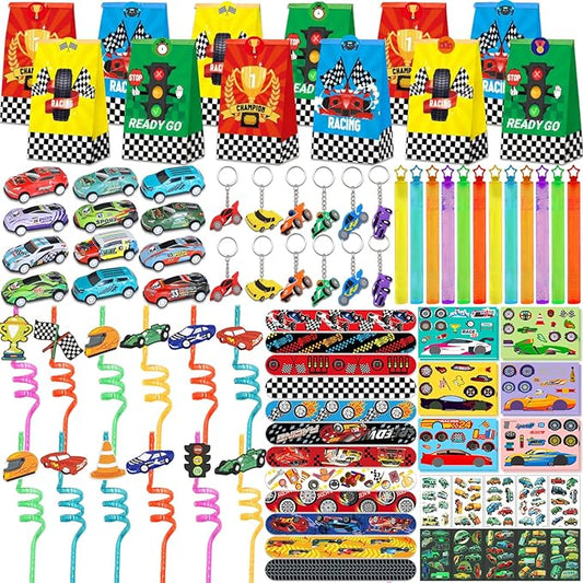 96Pcs Race Car Party Favors, Race Car Birthday Party Supplies Include Mini Race Cars Bubble Wands Straw Slap Bracelet DIY Stickers Tattoo Stickers Car Bags for Kids Race Car Themed Decorations