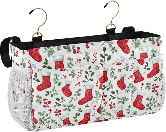 Red Stockings Holly Christmas Bedside Caddy for Dorm Bed Bedside Hanging Caddy Bag Iron Frame Storage Organizer Pocket for Bunk Home College Hospital Beds 2 Hooks