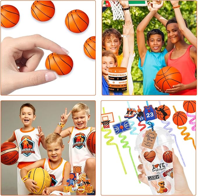 Basketball Party Favors 170 Pcs Basketball Birthday Party Decoration With Cups Straws Slap Bracelets Whistles Stress Balls Wristbands Keychains Stamps Stickers Thank you Tags (Basketball)