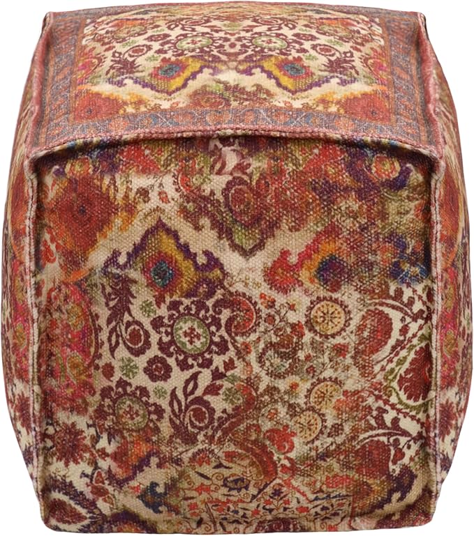 COTTON CRAFT Printed Pouf - Ottoman Foot Stool Bean Bag - Dorm Kids Room Bedroom Home Décor Accent Seating - Boho Modern Comfortable Prefilled Cotton Square Pouf Footrest - 17x17x17 inch - Coral Multi