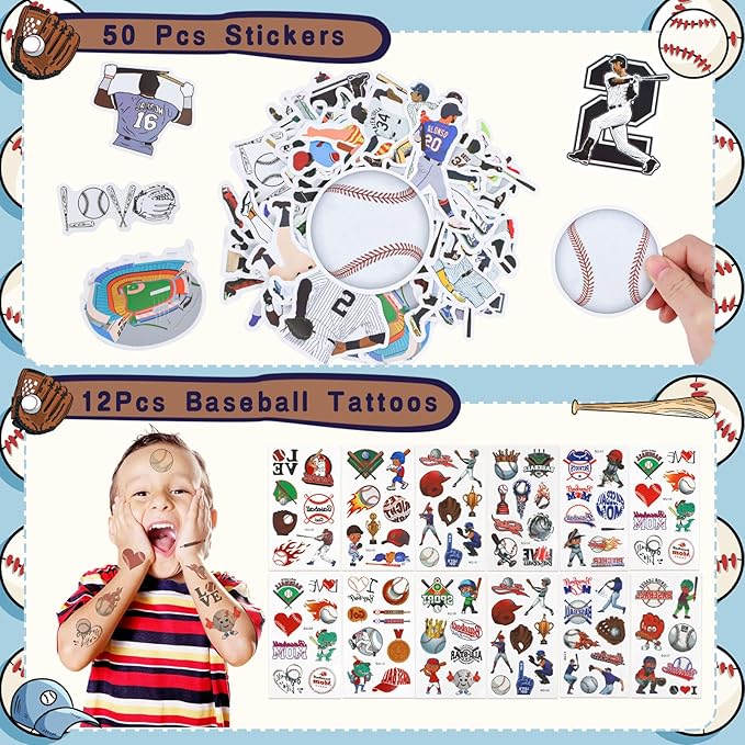 Gifts2U Baseball Party Favors Supplies, 146 Pcs Baseball Themed Goodie Bags Stuffers with Bracelets, Tattoos, Stickers, Mini Ball and Cars Toys, Gifts Bulk for Team Kids Birthday Party.
