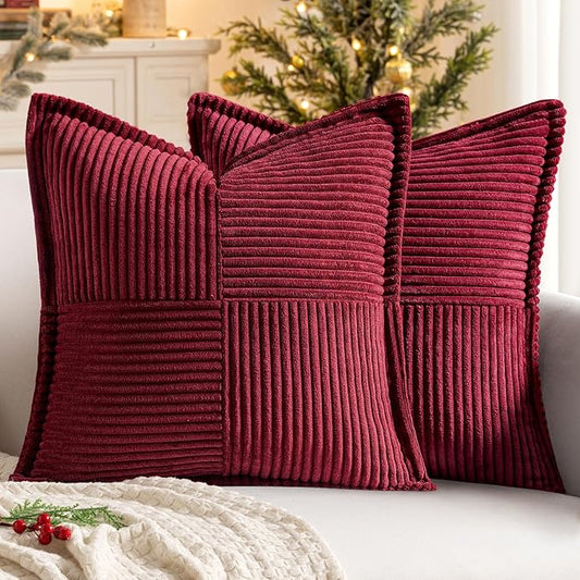 MIULEE Christmas Decorative Throw Pillow Covers for Couch Bed Livingroom 18x18 Inch Set of 2 Burgundy Boho Accent Throw Pllows Broadside Striped Patchwork Soft Corduroy Pillowcases