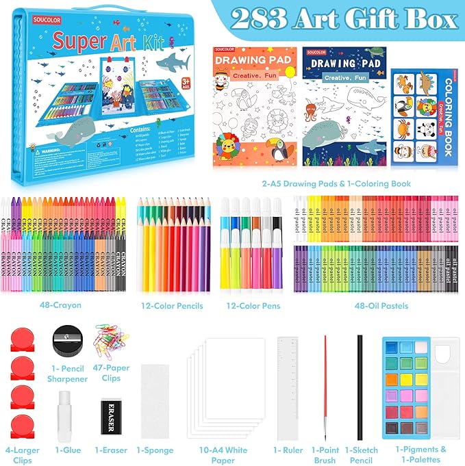 Soucolor Arts and Crafts, 283 Pieces Drawing Set Art Kits with Trifold Easel, 2 Drawing Pads, 1 Activity Coloring Book, Crayons, Oil Pastels, Watercolor Cakes, Colored Pencils, Watercolor Pens