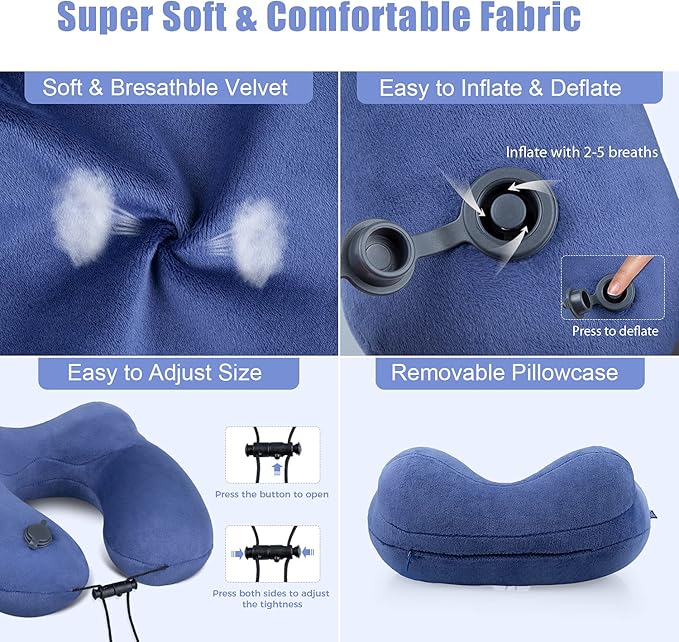 urophylla Inflatable Travel Neck Pillow for Airplanes, Super Soft Velvet Neck Support, Adjustable Firmness, Blow Up Plane Pillow for Long Flights, Road Trips, Travel Essentials with Eye Mask, Earplug