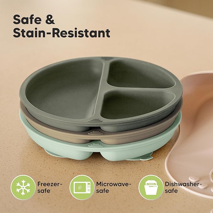 KeaBabies Suction Plates for Baby, Toddler - 3-Pack 100% Silicone Toddler Plates, Divided Baby Plates with Suction, Silicone Plates for Baby, Kids, BPA-Free, Microwave, Dishwasher Safe (Marsh)