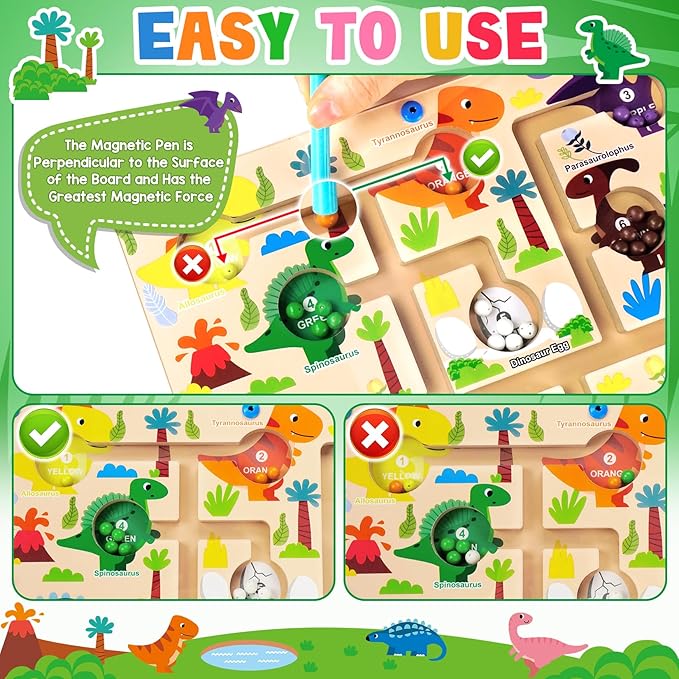 Magnetic Color and Number Maze Dinosaurs, Montessori Fine Motor Toys for 3+ Year Old, Wooden Matching Counting Educational Toys for Boys and Girls Toddlers Kids Gift