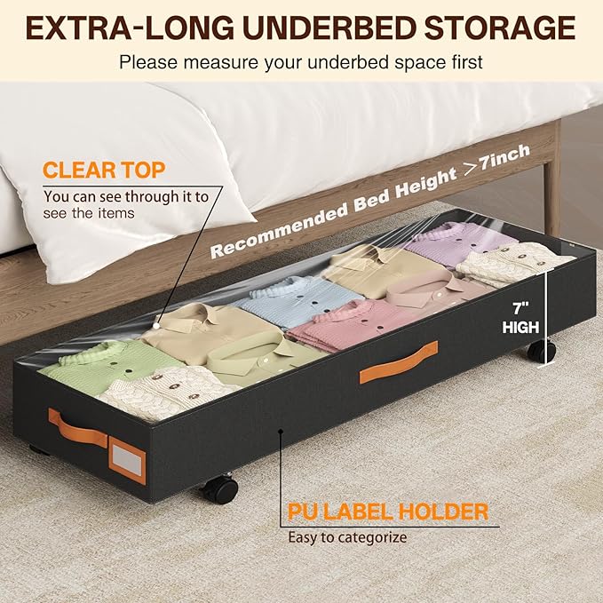 Under Bed Storage with Wheels 39inch, Extra Long Underbed Storage Containers 60L Large Capacity Rolling Under Bed Storage with Clear Lids,XXL Shoe Organizer Under Bed for Bedroom, Closet, Drawers,Toys
