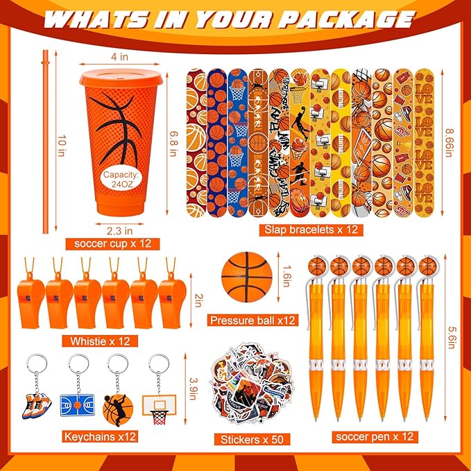 122 Pcs Basketball Party Favors Set Basketball Goodie Bags Stuffers Includes Cups with Straw Mini Stress Ball Keychains Slap Bracelets Whistles Stickers Pens for Birthday Party Supplies