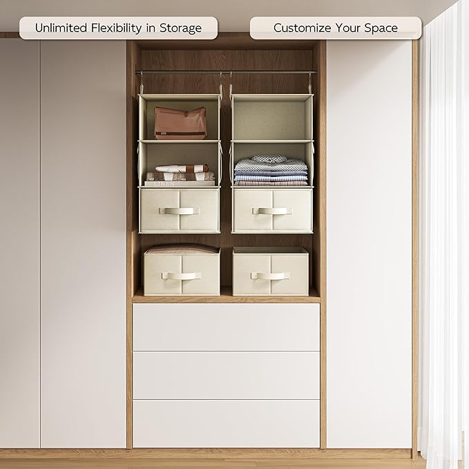 Vailando 3-Shelf Hanging Closet Organizer, Set of 2 Hanging Shelves with 2 Drawers for Wardrobe, Nursery, Baby Clothes Storage and Organization, Beige