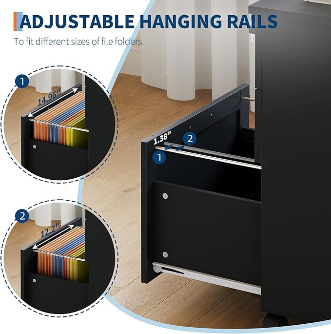 3-Drawer Rolling File Cabinet with Lock - Wooden Mobile Filing Cabinet for Home Office, Under Desk Storage Organizer fits Letter/A4/Legal Size, Sturdy Printer Stand with Locking Casters, Black