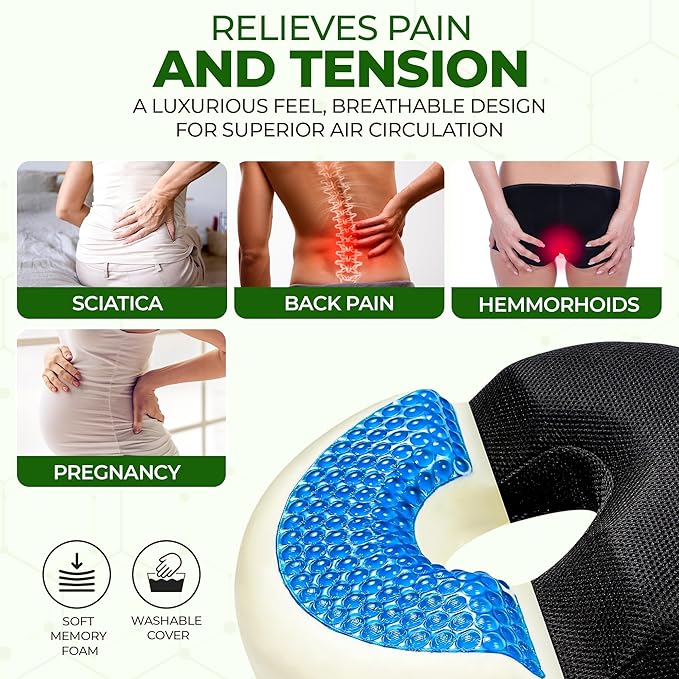 Donut Gel Sitting Pillow - Orthopedic Memory Foam for Tailbone Pain, Hemorrhoid, Bed Sores, Postpartum, Prostate, Coccyx & Sciatica Pain