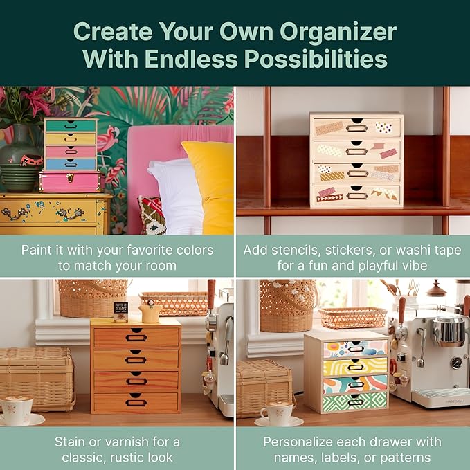 DIY Wooden Desk Organizer with Drawers – Unfinished 4-Drawer Desktop Storage Box – Personalizable Wood Desk Organizer for Crafts, Office, or Home – Compact Wooden Storage Drawers Ready to Decorate