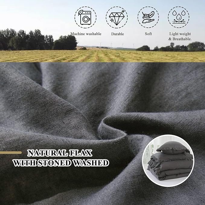 Simple&Opulence 100% Linen Duvet Cover Set, 3 PCS Natural French Flax Dark Grey Ruffle Duvet Cover King Size, Breathable Comfy Linen Bedding Comforter Cover with 2 Pillowcases (Dark Grey, 104" X 92")
