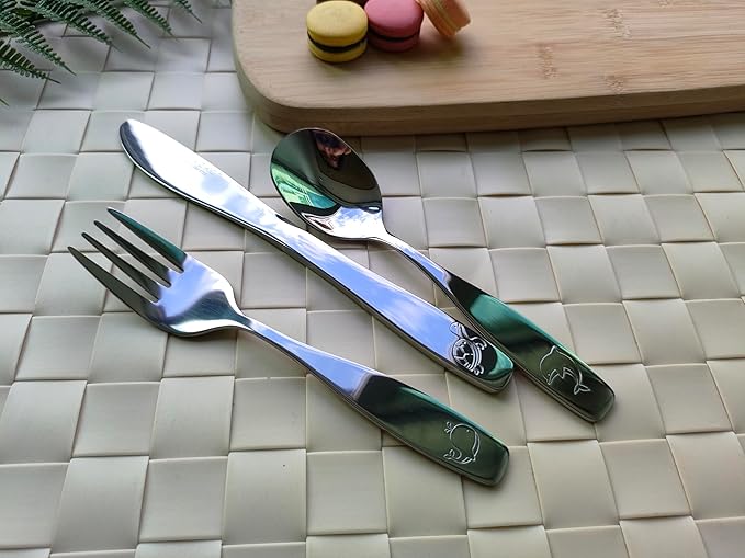 Exzact Children Flatware 6pcs, Stainless Steel Kids Silverware Toddler, Dishwasher Safe, BPA Free, 24M+, Engraved Ocean Creatures Dolphin, Turtle, Whale