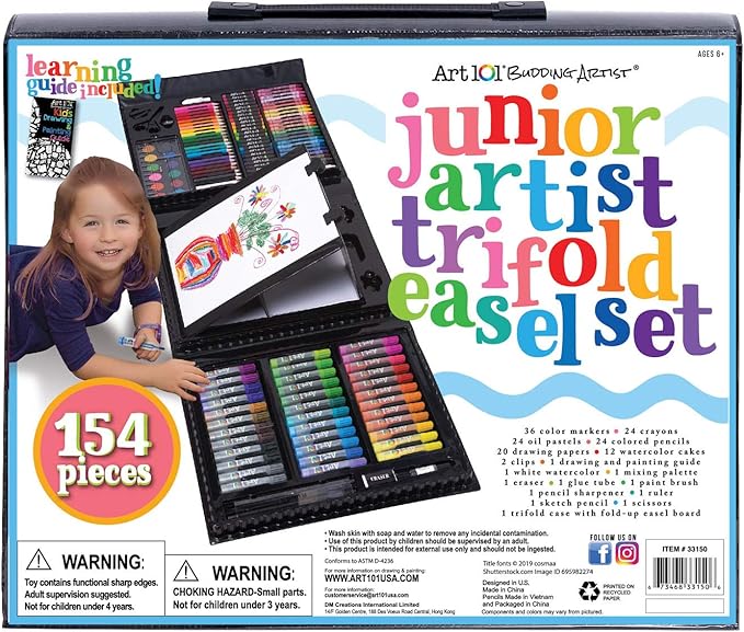 Art 101 USA Budding Artist 154 Pc Junior Artist Trifold Easel Set, Includes markers, crayons, oil pastels, watercolor paints, and colored pencils, Case, pop up easel, Portable Art Studio , White