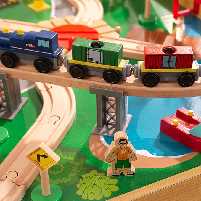 KidKraft Adventure Town Railway Wooden Train Set & Table with EZ Kraft Assembly™ with 120 Accessories and Storage Bins, Gift for Ages 3+