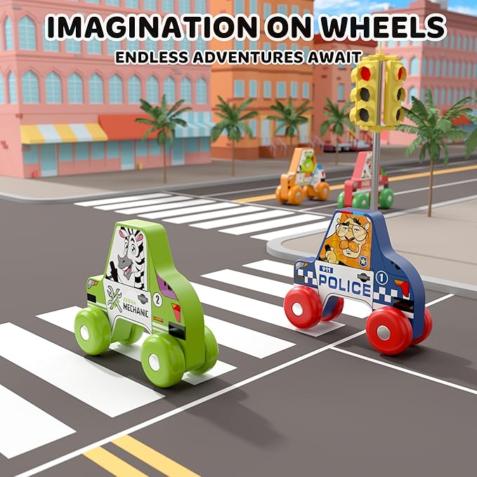 BEKILOLE 4 Wooden Race Cars Montessori Learning Toys for 6-12-18 Months Birthday Gift Travel Toy for 1 2 Year Old Boy Girl Infant Toddlers 8 9 10 Months Old with Tracing Flash Cards