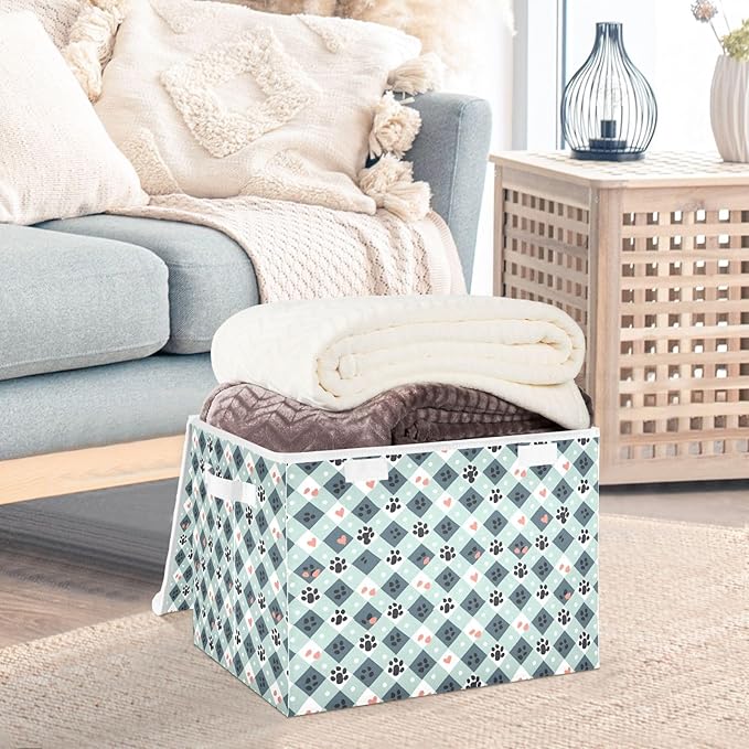 senya Large Storage Bins with Linen Collapsible Foldable Storage Cubes Fabric Closet Organizer Containers box with Flip-Top Lid for Home Bedroom Office 16.7 x 12.6 x 11.8in (Much Dog Paw Print)