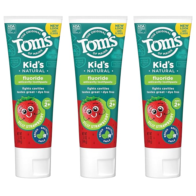 Tom's of Maine ADA Approved Fluoride Children's Toothpaste, Natural Toothpaste, Dye Free, No Artificial Preservatives, Silly Strawberry, 5.1 oz. 3-Pack (Packaging May Vary)
