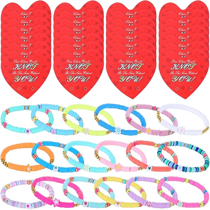 32 Sets Valentines Bracelets with Cards Student Valentines Favors from Teacher Our Class Would Knot Be the Same Without You Adjustable Stretch Beaded Friendship Bracelet Classroom Gifts