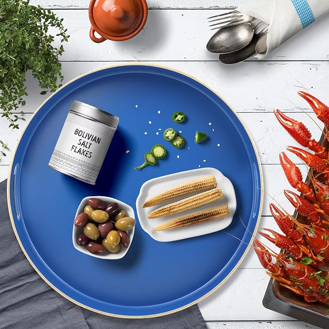 Omuriko Royal Blue Round Decorative Tray with Handles, 13" Versatile Serving Tray for Coffee Table, Ottoman, Ideal for Serving, Displaying, Organizing