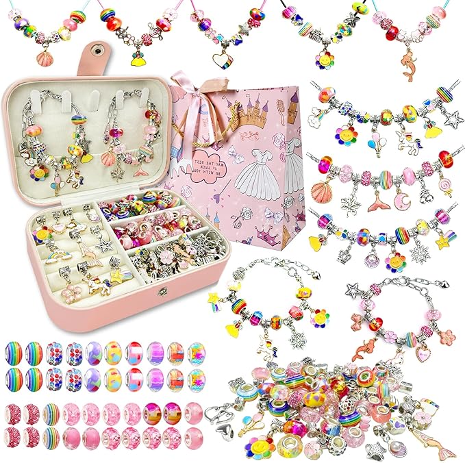 Charm Bracelet Making Kit for Girls 8-12, DIY Bead Jewelry Making Kit with Box, Arts and Crafts for Kids 6-8 Gifts for Girl Toys Age 6 7 8 9 10 11 12 Festival Birthday