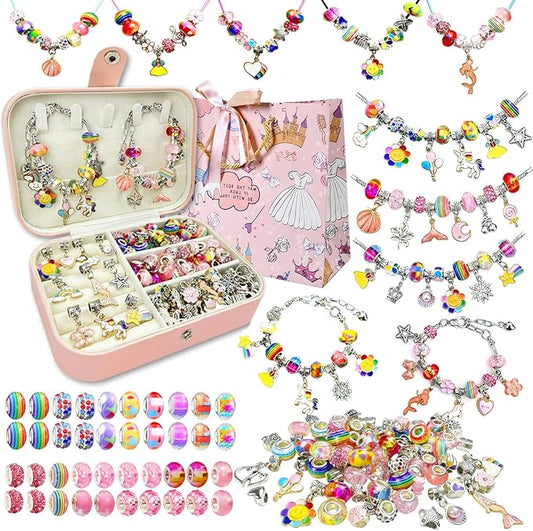 Charm Bracelet Making Kit for Girls 8-12, DIY Bead Jewelry Making Kit with Box, Arts and Crafts for Kids 6-8 Gifts for Girl Toys Age 6 7 8 9 10 11 12 Festival Birthday