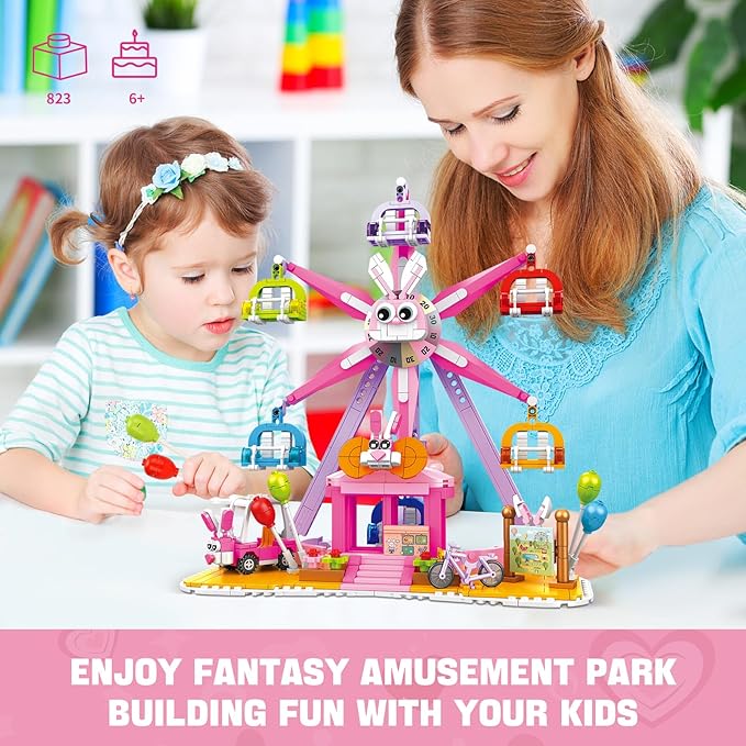 3 in 1 Easter Bunny Amusement Park Building Set, 823 PCS Rebuildable Ferris Wheel Rocking Hammer & Boat, Compatible with Lego Friends, Ideas Birthday Gift Toy for Kids Girls Age 6-12