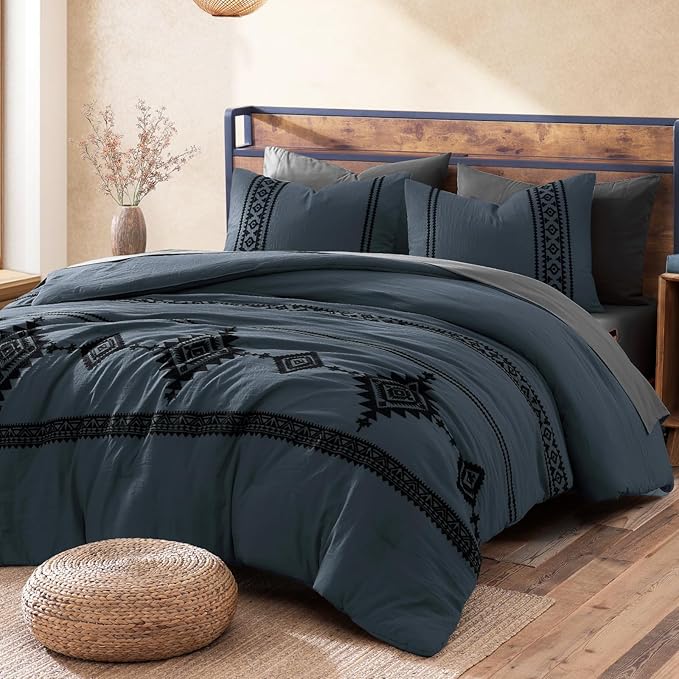 MaiRêve Oversized Queen Comforter Set Blue Grey, Embroidery Western Bedding Set Boho 7 Pieces, Farmhouse All-Season Bed in A Bag with Sheets, Pillowcases & Shams
