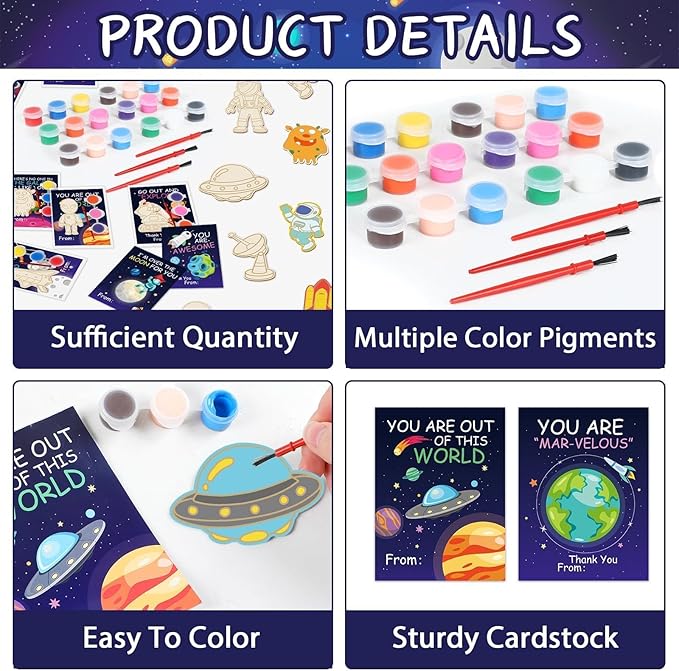 24Pcs Space Party Favors Space Cards with Art Supplies Outer Space DIY Wood Painting Craft Kits Astronaut Thank You for Coming Gifts for Kids Boys Girls Solar System Birthday Gift Bulk (Pre-Assembled)