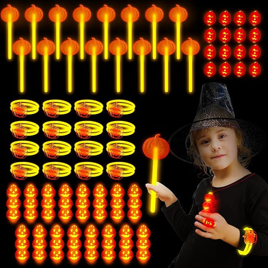 Lewtemi 64 Pcs Pumpkin Halloween Glow Sticks Set Include Bracelet Necklace Ring Wand Glow in the Dark Party Supplies Decorations Halloween Party Favors Goodie Bag Fillers Gifts for Kids Adults