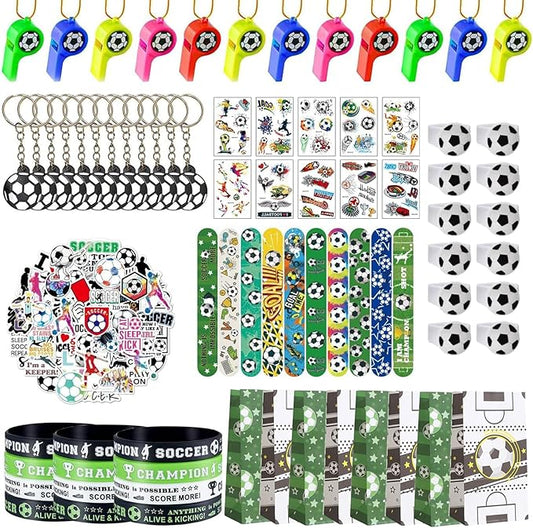 134 Pcs Soccer Party Favors Set Soccer Theme Party Soccer Gift Bags Soccer Silicone Ring Soccer Keychain Silicone Bracelet Whistle Stickers Tattoo Stickers Clap Bracelet for Soccer Themed Party